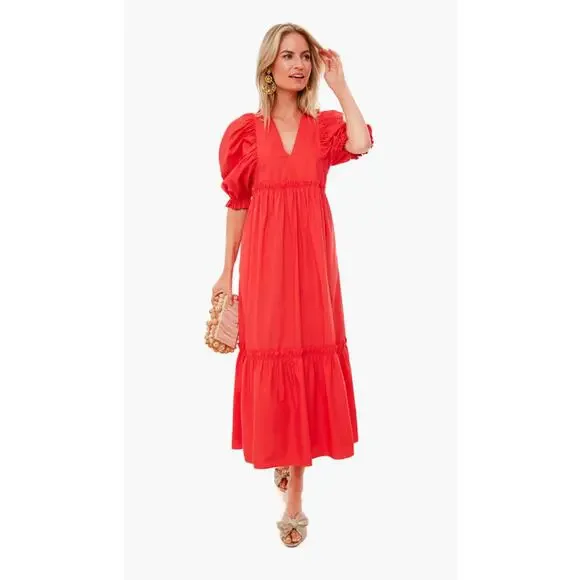 Hunter Bell Palmer Midi Maxi Puff Sleeve Ruffle Dress Cherry Red Tuckernuck - Picture 2 of 11